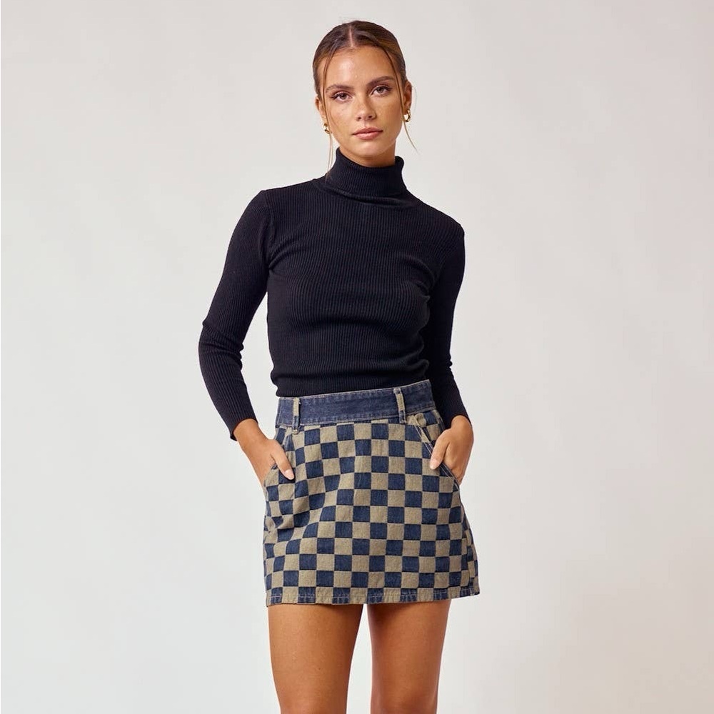 Blue Blush - CHECKERED MINI DENIM SKIRT WITH POCKETS